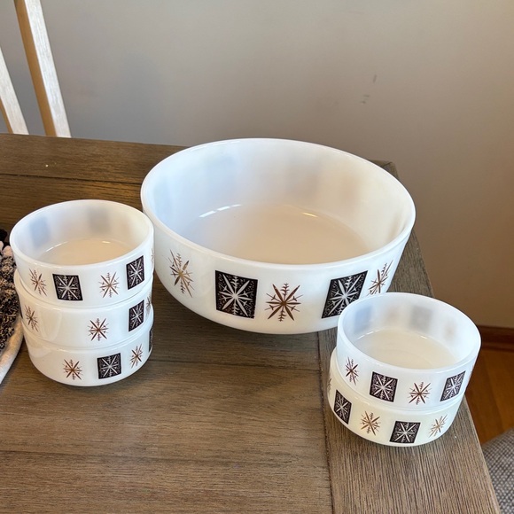 Federal vintage glass atomic starburst milk glass MCM heat proof 6 piece set